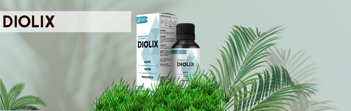 Diolix : Una botella de cuentagotas con una etiqueta que indica su efectividad en el tratamiento de la diabet, con una imagen de un tilo de vida saludable en la etiqueta.