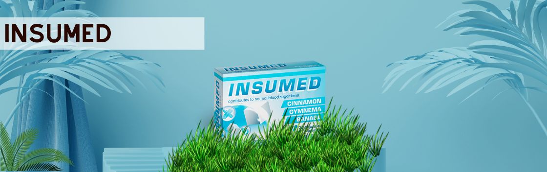 Insumed  Tablets - Uma garrafa de comprimidos é exibida com um fundo de fita adesiva e um medidor de glicose no sangue. É comercializado como um medicamento que pode ajudar a regular os níveis de açúcar no sangue para pessoas com diabetes.