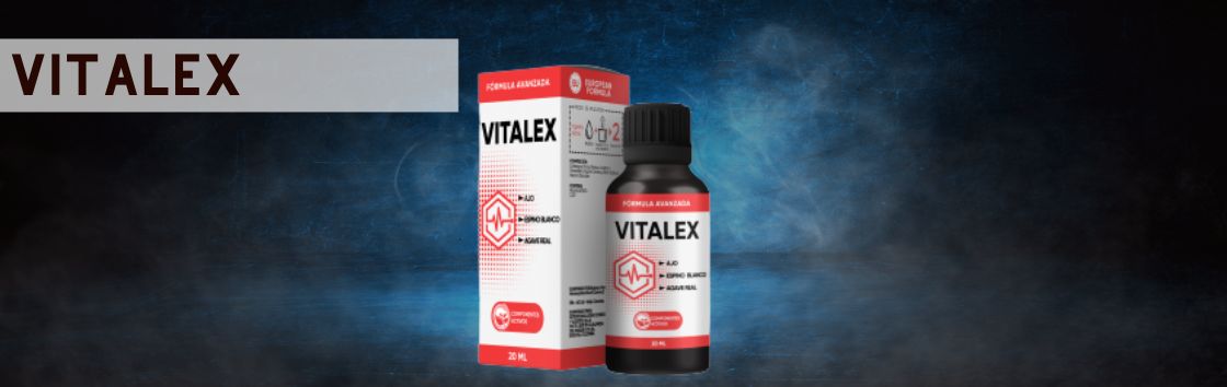 Vitalex : Una botella de cuentagotas con una etiqueta que indica su efectividad para mejorar la hipertensión, con una imagen de un corazón sano en la etiqueta.